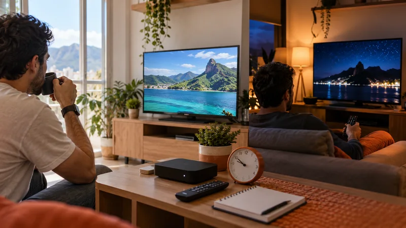 Duas pessoas diante de duas telas com paisagens, com caderno e relógio na mesa.