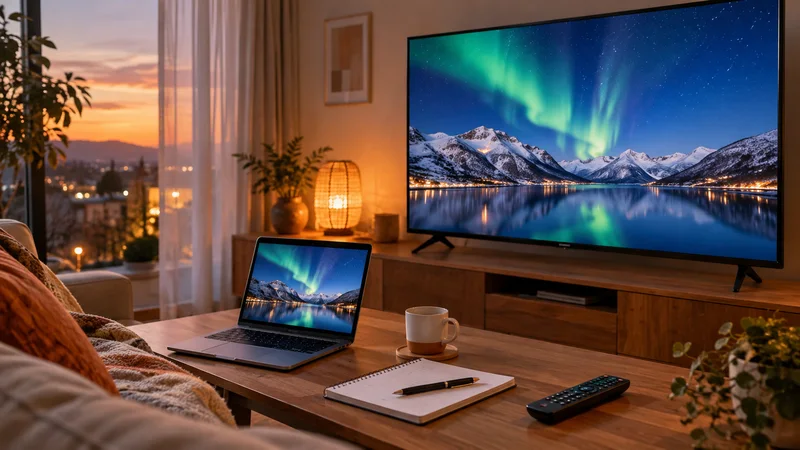 Televisão e notebook com aurora sobre montanhas, caderno e controle na mesa.