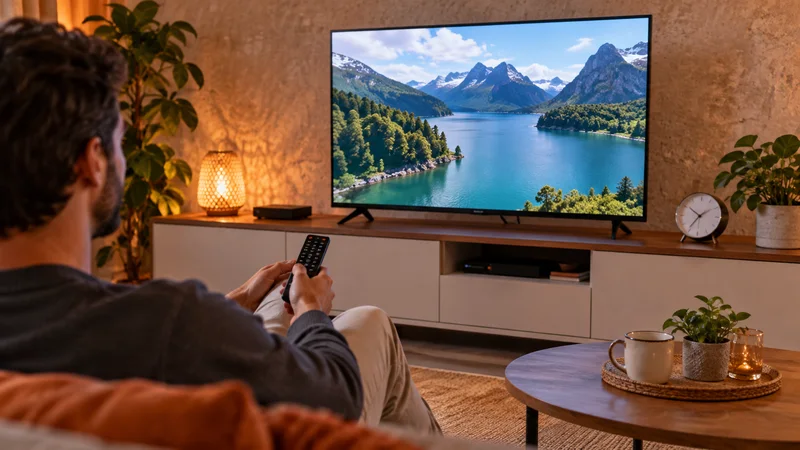 Pessoa usando controle diante de televisão com lago e montanhas; relógio sobre o móvel.