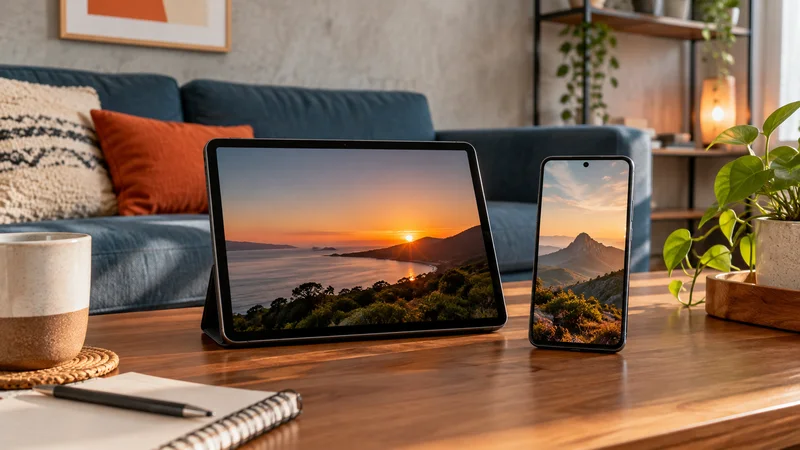 Tablet e celular com paisagens ao entardecer, apoiados em mesa diante de sofá.