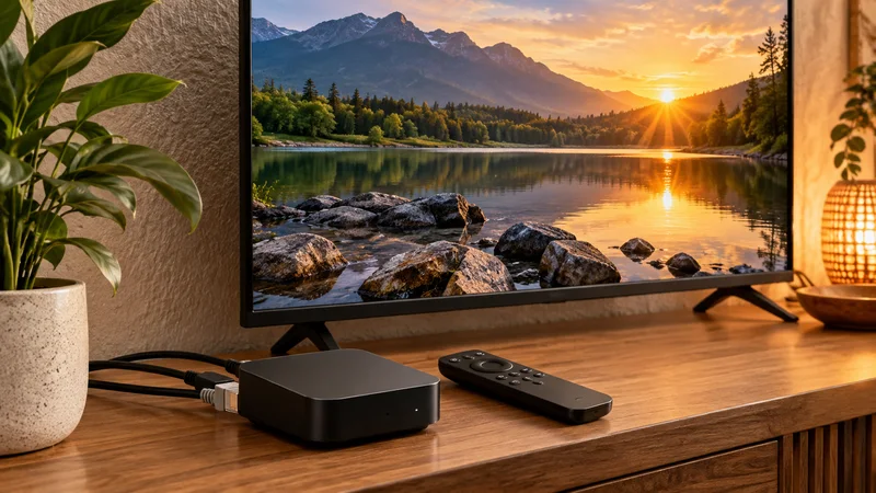 Aparelho de reprodução e controle remoto diante de televisão com paisagem de montanhas ao pôr do sol.