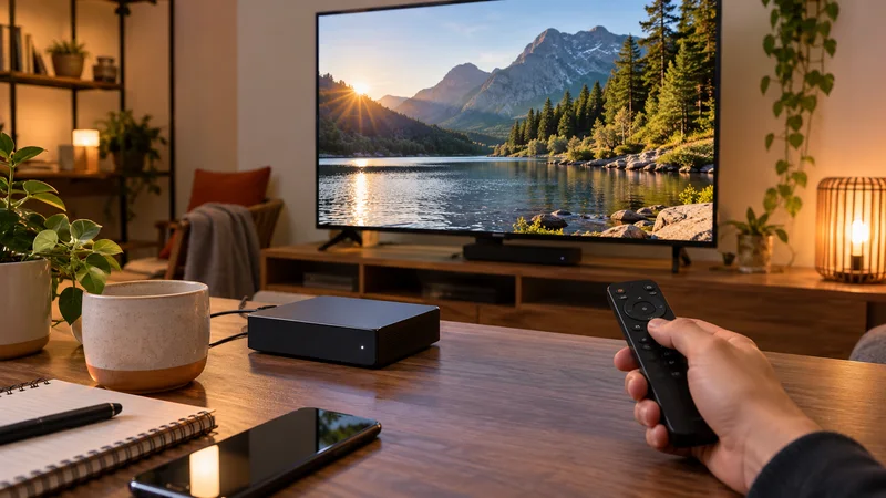 Mão com controle remoto diante de televisão com lago; aparelho de reprodução sobre a mesa.